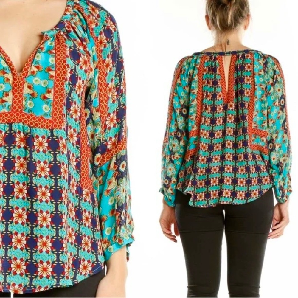 Tolani 100% Silk Bohemian Peasant Loose Blouse Top V-Neck Puff Sleeves Blue Red
